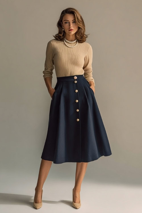 Full-body image of a woman in a navy button-front midi skirt with a tan knit top, ballet flats, and pearl accessories, neutral backdrop 