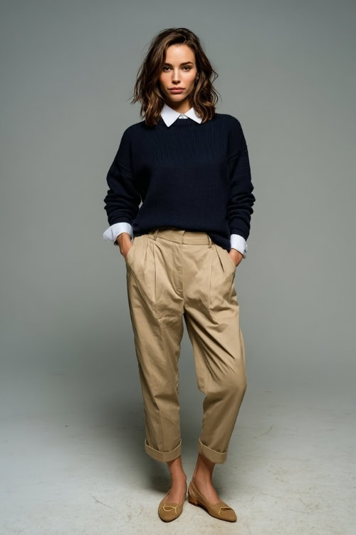 Full-body image of a woman in a navy crewneck sweater layered over a white collared shirt, paired with khaki pleated trousers and tan flats, minimalist fall studio