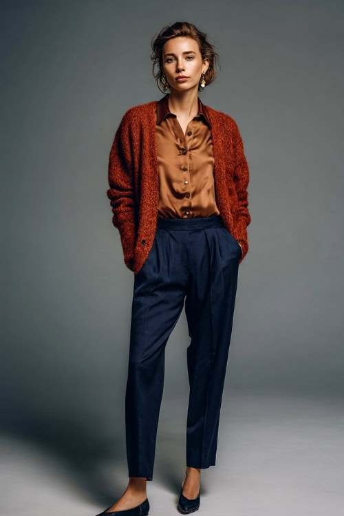 Full-body image of a woman in a rust knit cardigan over a silk blouse and tailored navy trousers, styled with flats and classic earrings, posed in a minimalist studio 