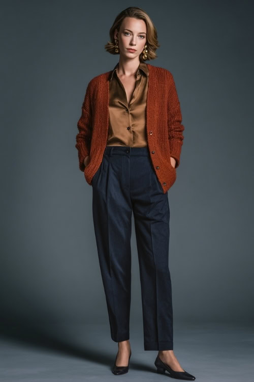 Full-body image of a woman in a rust knit cardigan over a silk blouse and tailored navy trousers, styled with flats and classic earrings, posed in a minimalist studio 