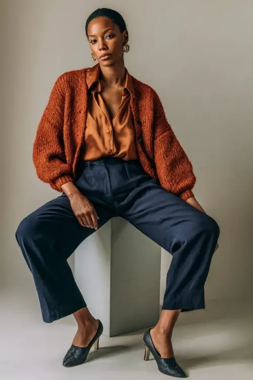 Full-body image of a woman in a rust knit cardigan over a silk blouse and tailored navy trousers, styled with flats and classic earrings, posed in a minimalist studio 