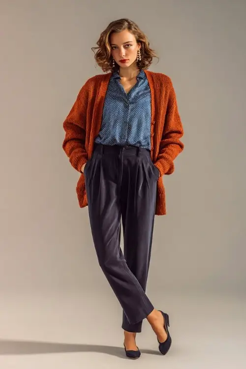 Full-body image of a woman in a rust knit cardigan over a silk blouse and tailored navy trousers, styled with flats and classic earrings, posed in a minimalist studio