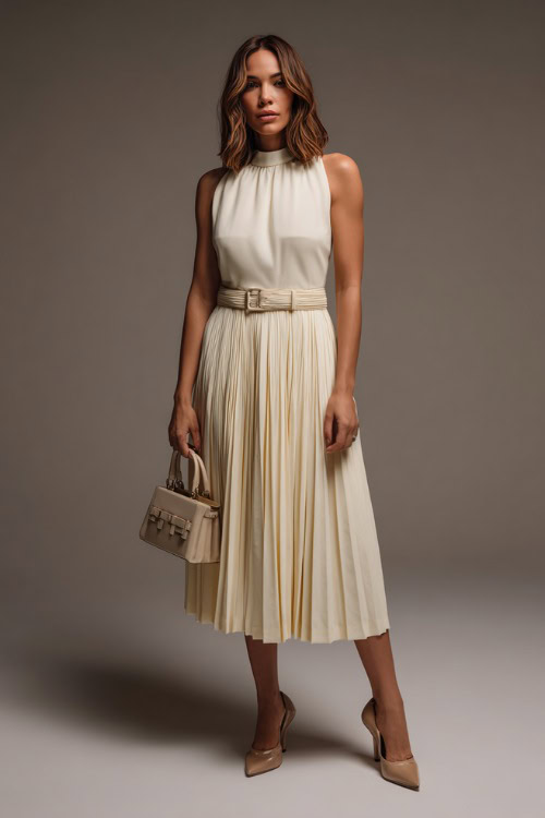 Full-body image of a woman in a sleeveless ivory midi dress with a pleated skirt, cinched waistline, paired with classic slingback heels and a structured handbag 