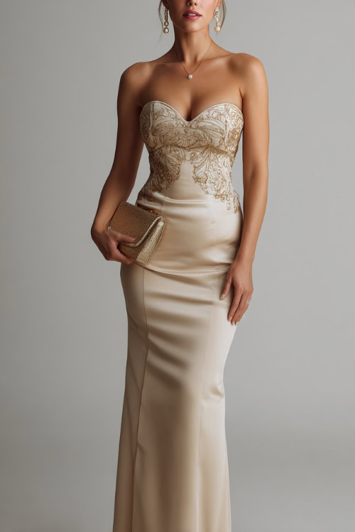 Full-body image of a woman in an ivory evening dress with elegant embroidery and a fitted silhouette, pearl earrings and matching clutch, posed in a soft neutral studio 