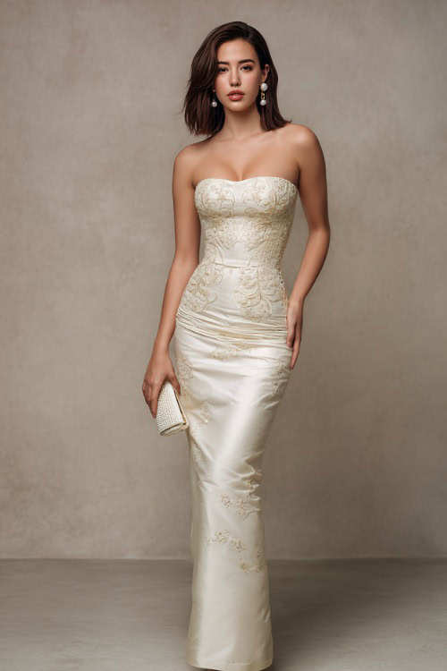 Full-body image of a woman in an ivory evening dress with elegant embroidery and a fitted silhouette, pearl earrings and matching clutch, posed in a soft neutral studio
