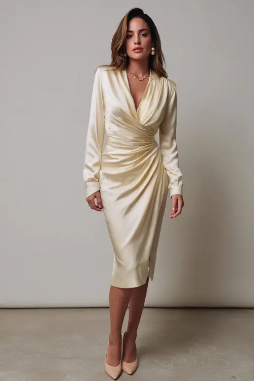 Full-body image of a woman wearing a cream silk midi dress with long sleeves, a soft draped neckline, pearl earrings, and beige pointed heels, standing in a simple light-toned studio 