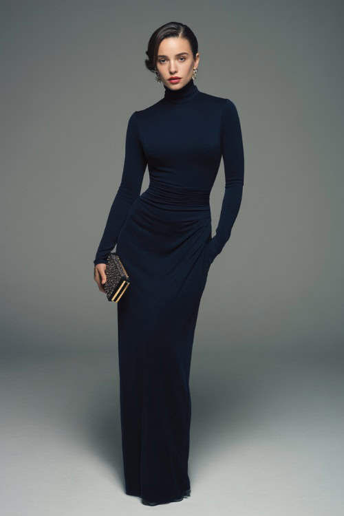 Full-body image of a woman wearing a dark navy high-neck gown with long sleeves and a fitted waist, accessorized with a vintage clutch and diamond earrings 