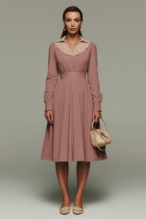 Full-body image of a woman wearing a muted rose A-line midi dress with lace detail at the collar, ballet flats, and pearl accessories, clean neutral-toned background 