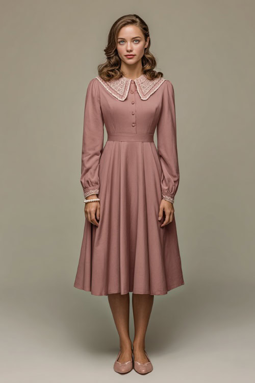 Full-body image of a woman wearing a muted rose A-line midi dress with lace detail at the collar, ballet flats, and pearl accessories, clean neutral-toned background