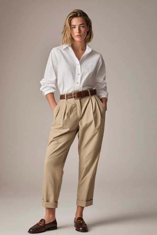Full-body image of a woman wearing a white button-down shirt tucked into beige high-waisted trousers, with loafers and a leather belt, minimalist studio background 