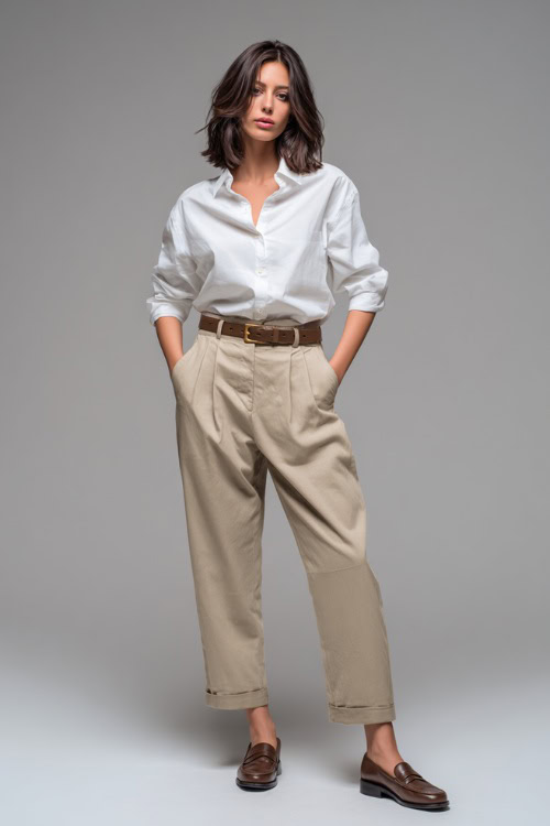 Full-body image of a woman wearing a white button-down shirt tucked into beige high-waisted trousers, with loafers and a leather belt, minimalist studio background
