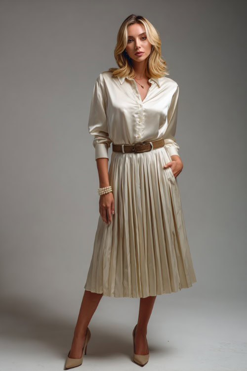 Full-body image of woman in an ivory silk blouse with a pleated midi skirt and leather belt, styled with classic pumps and a pearl bracelet, clean studio backdrop 