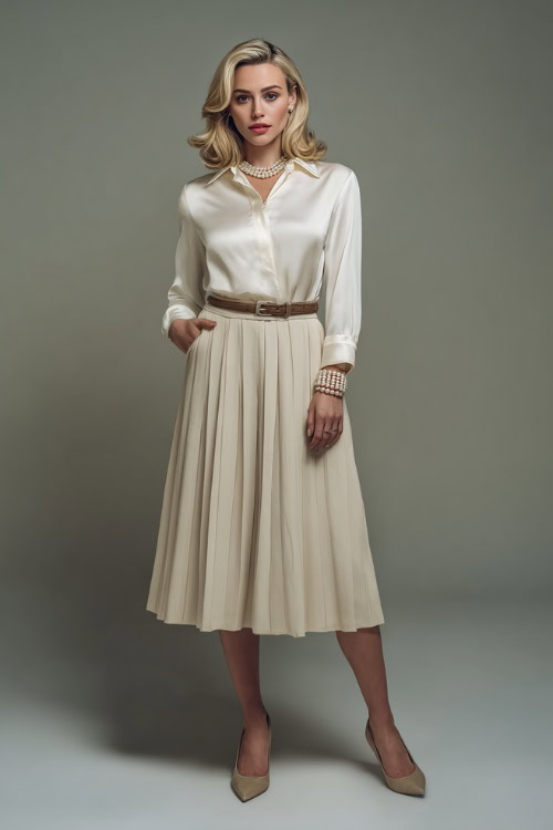 Full-body image of woman in an ivory silk blouse with a pleated midi skirt and leather belt, styled with classic pumps and a pearl bracelet, clean studio backdrop