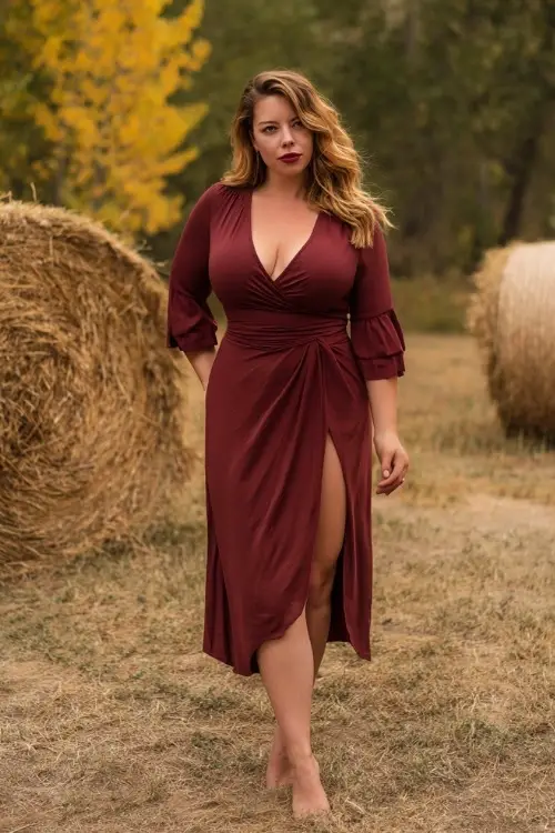 Full body of a curvy woman in a burgundy wrap midi dress with long flutter sleeves and a V-neckline, standing at a rustic outdoor wedding with hay bales and golden trees