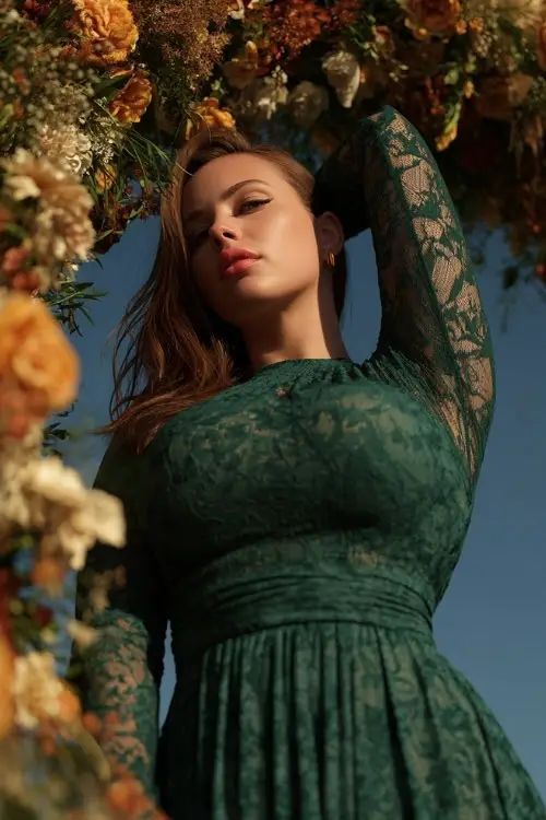 Full body of a curvy woman in a deep green A-line dress with lace long sleeves and a cinched waist, posing in front of an autumn floral arch with a sunset backdrop 