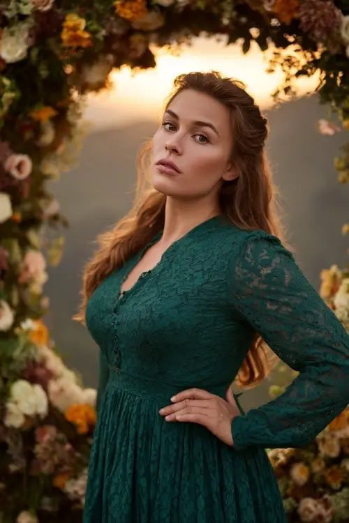 Full body of a curvy woman in a deep green A-line dress with lace long sleeves and a cinched waist, posing in front of an autumn floral arch with a sunset backdrop 