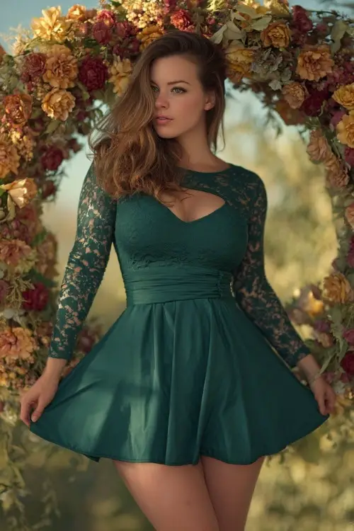 Full body of a curvy woman in a deep green A-line dress with lace long sleeves and a cinched waist, posing in front of an autumn floral arch with a sunset backdrop