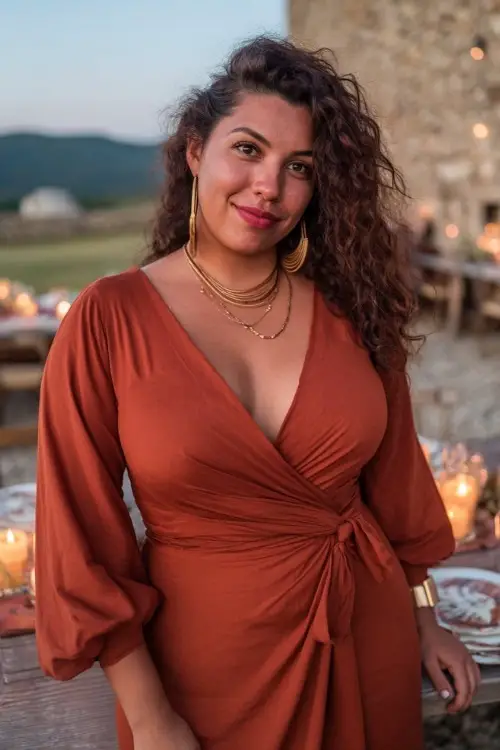 Full body of a curvy woman in a rust-colored midi wrap dress with long sleeves and gold accessories, posing at a candlelit outdoor wedding in early evening light 