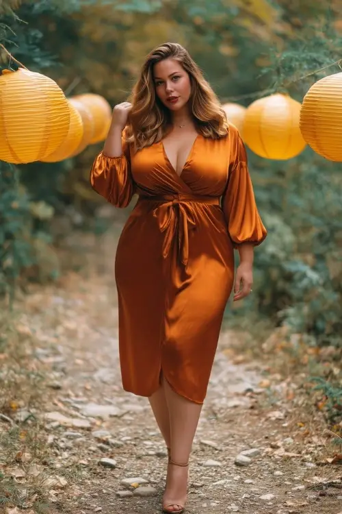 Full body of a plus-size woman in a copper satin midi dress with a tied waist and balloon sleeves, posing on a forest path with golden leaves and wedding lanterns 
