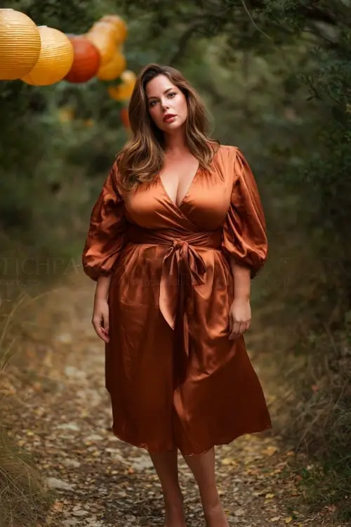 Full body of a plus-size woman in a copper satin midi dress with a tied waist and balloon sleeves, posing on a forest path with golden leaves and wedding lanterns 