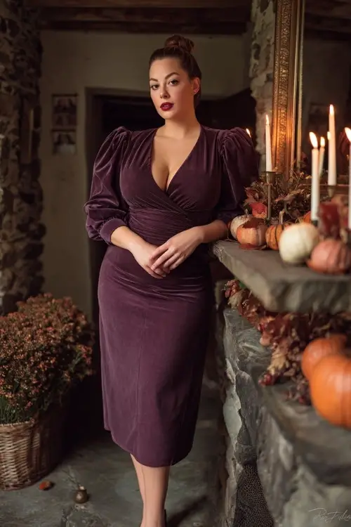 Full body of a plus-size woman in a dark plum wrap midi dress with velvet texture and structured sleeves 