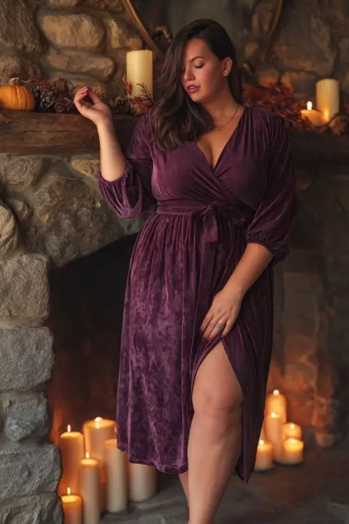 Full body of a plus-size woman in a dark plum wrap midi dress with velvet texture and structured sleeves 