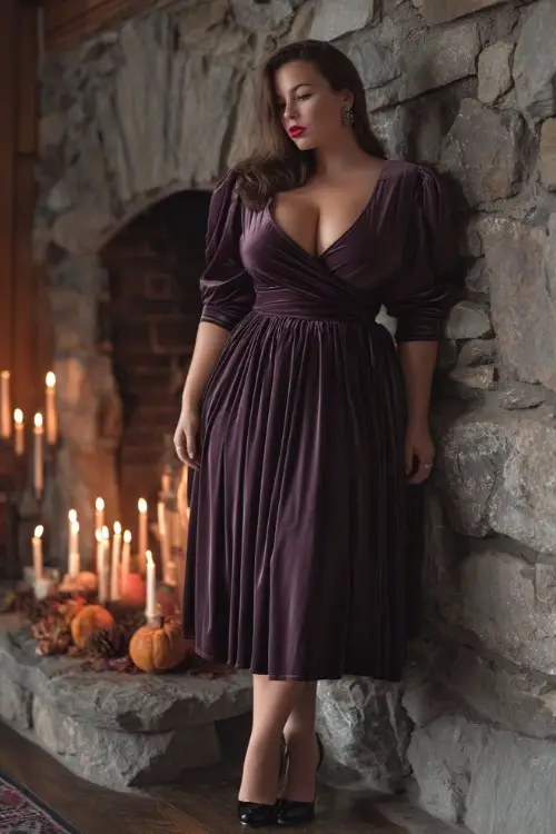 Full body of a plus-size woman in a dark plum wrap midi dress with velvet texture and structured sleeves
