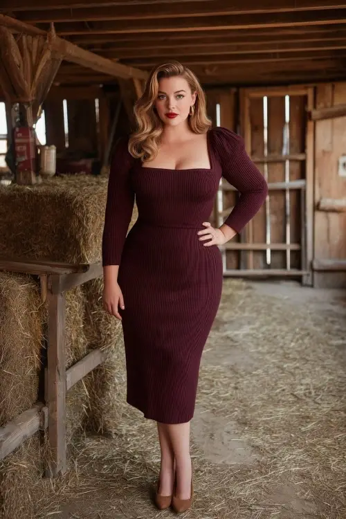 Full body of a plus-size woman in a maroon knit dress with long sleeves, square neckline, and midi hem, styled with suede heels at an autumn barn wedding
