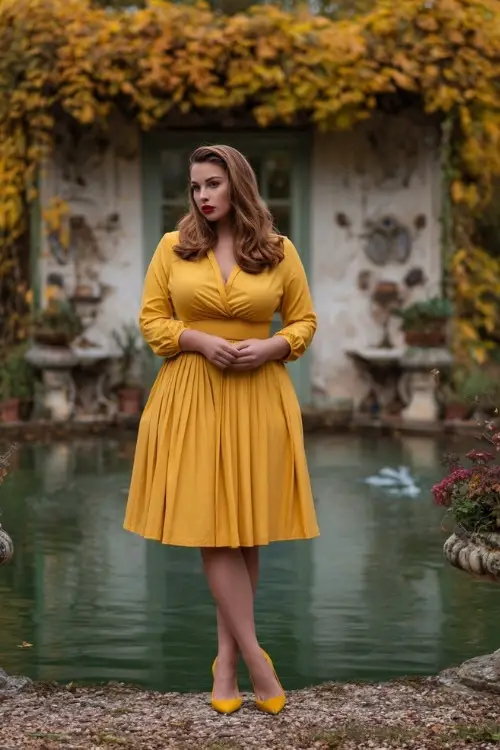 Full body of a plus-size woman in a mustard long sleeve midi dress with pleated detailing and matching heels, posing by a pond surrounded by autumn leaves and vintage decor 