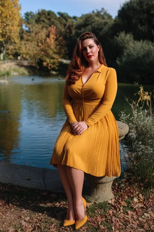 Full body of a plus-size woman in a mustard long sleeve midi dress with pleated detailing and matching heels, posing by a pond surrounded by autumn leaves and vintage decor