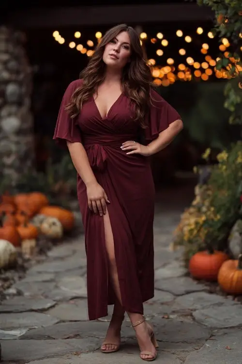 Full body of a plus-size woman wearing a deep burgundy wrap dress with flutter sleeves and midi length, standing at a fall garden wedding with pumpkins and string lights 