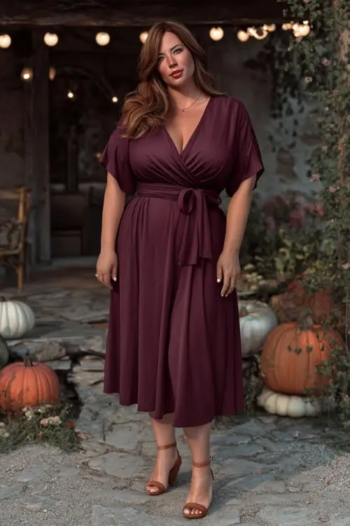 Full body of a plus-size woman wearing a deep burgundy wrap dress with flutter sleeves and midi length, standing at a fall garden wedding with pumpkins and string lights