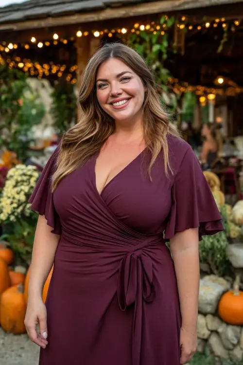 Full body of a plus-size woman wearing a deep burgundy wrap dress with flutter sleeves and midi length