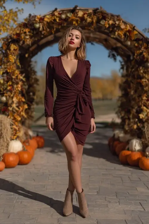 Full body of a short height woman in a burgundy long sleeve midi wrap dress with ankle boots, posing near a fall wedding arch with pumpkins and golden leaves