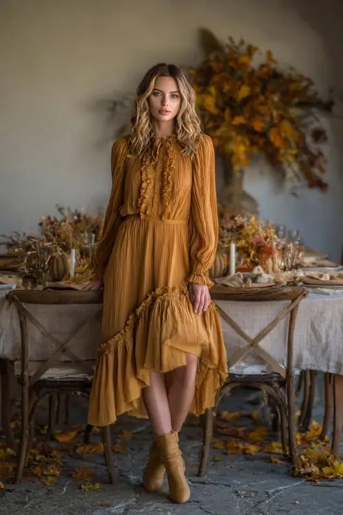 Full body of a small-framed woman in a dark mustard smocked midi dress with ruffled cuffs and hem, styled with tan ankle boots 