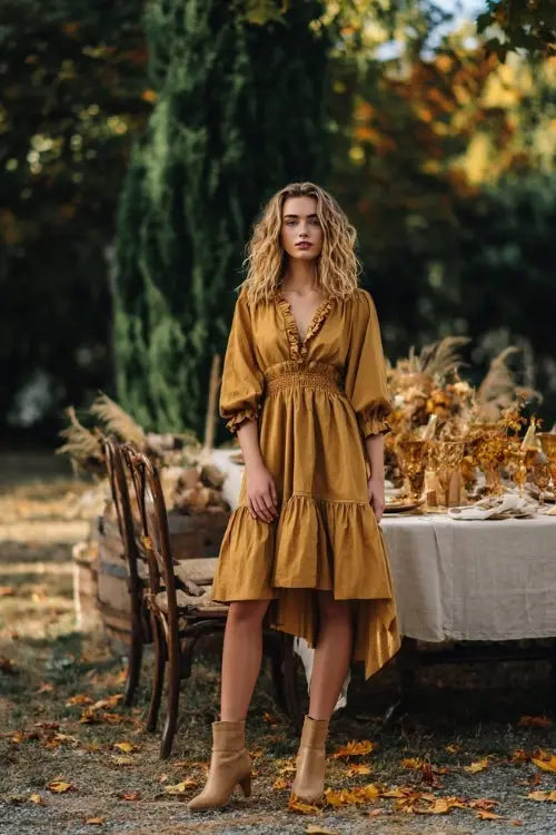Full body of a small-framed woman in a dark mustard smocked midi dress with ruffled cuffs and hem, styled with tan ankle boots 