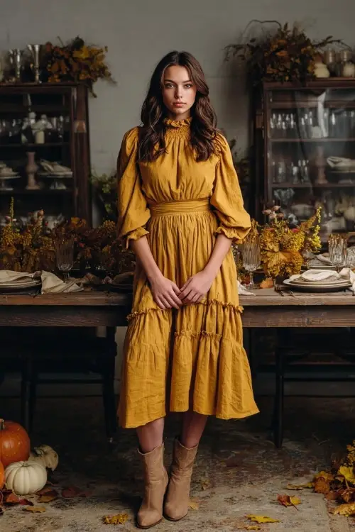 Full body of a small-framed woman in a dark mustard smocked midi dress with ruffled cuffs and hem, styled with tan ankle boots
