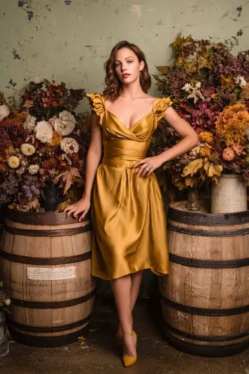 Full body of a small-framed woman in a goldenrod satin midi dress with a cinched waist and ruffle neckline, posing next to vintage barrels and floral fall decor
