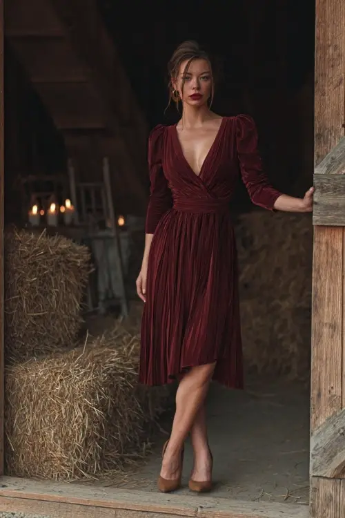 Full body of a small-framed woman in a wine red pleated midi dress with a wrap neckline and suede pumps, standing near a rustic wedding barn with hay bales and candles (3)