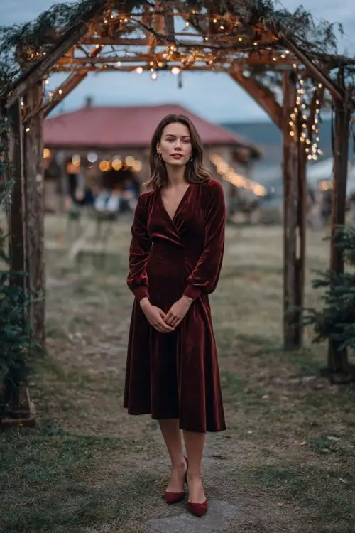 Full body of a small-statured woman wearing a maroon velvet midi dress with V-neckline and long sleeves, standing near a vintage-style ceremony arch with twinkle lights 
