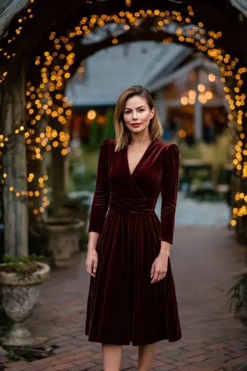 Full body of a small-statured woman wearing a maroon velvet midi dress with V-neckline and long sleeves, standing near a vintage-style ceremony arch with twinkle lights 