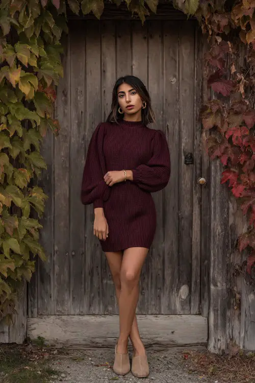 Full body of a woman in a burgundy knit dress with balloon sleeves, styled with suede mules and dainty gold jewelry, posing beside a barn door with autumn vines 