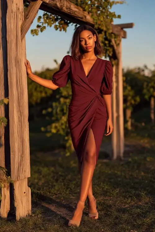 Full body of a woman in a burgundy wrap midi dress with short puff sleeves and suede heels, standing near a wooden ceremony arch under golden hour September light 