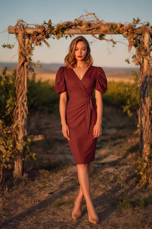 Full body of a woman in a burgundy wrap midi dress with short puff sleeves and suede heels, standing near a wooden ceremony arch under golden hour September light