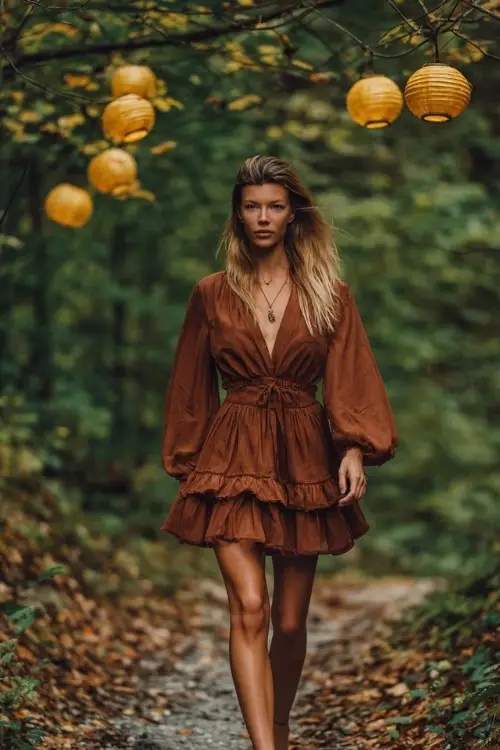 Full body of a woman in a chestnut brown long sleeve dress with tiered skirt and sheer sleeves, walking down a forest trail with golden leaf cover and lanterns hanging from branches 