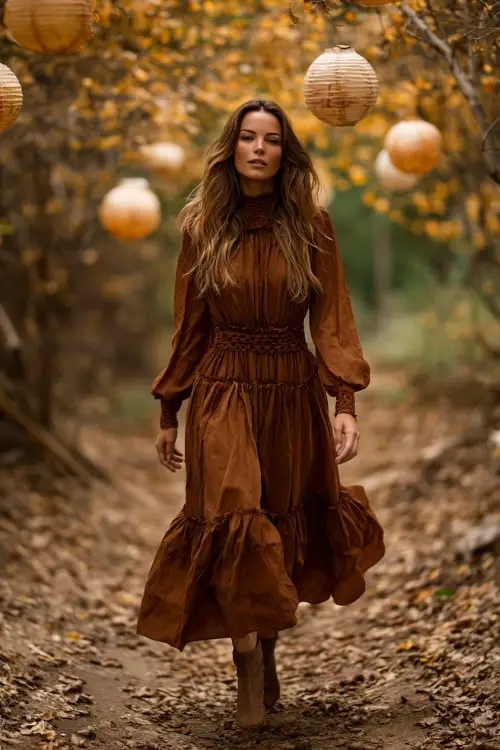 Full body of a woman in a chestnut brown long sleeve dress with tiered skirt and sheer sleeves, walking down a forest trail with golden leaf cover and lanterns hanging from branches