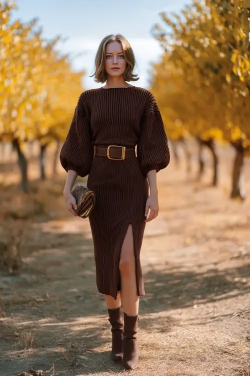 Full body of a woman in a chocolate brown knit midi dress with balloon sleeves and a side slit, styled with ankle boots and a clutch, standing near an orchard wedding with golden trees 