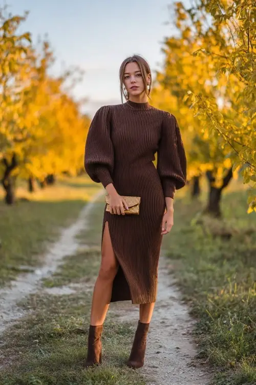 Full body of a woman in a chocolate brown knit midi dress with balloon sleeves and a side slit, styled with ankle boots and a clutch, standing near an orchard wedding with golden trees 