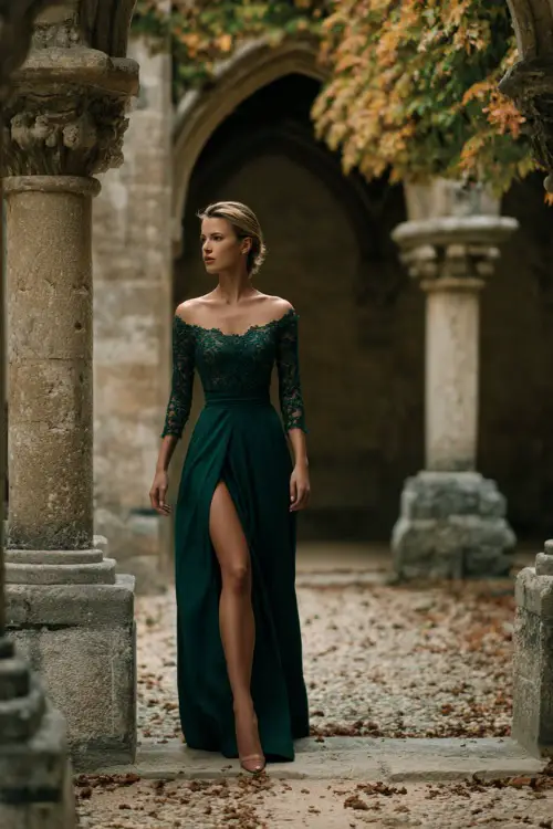 Full body of a woman in a dark forest green gown with lace sleeves and dramatic slit, walking across a courtyard wedding venue with falling leaves and stone pillars 