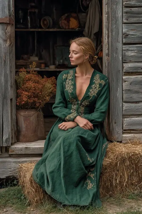 Full body of a woman in a deep green long sleeve dress with gold floral embroidery, posing by a rustic wooden barn decorated with vintage autumn props 